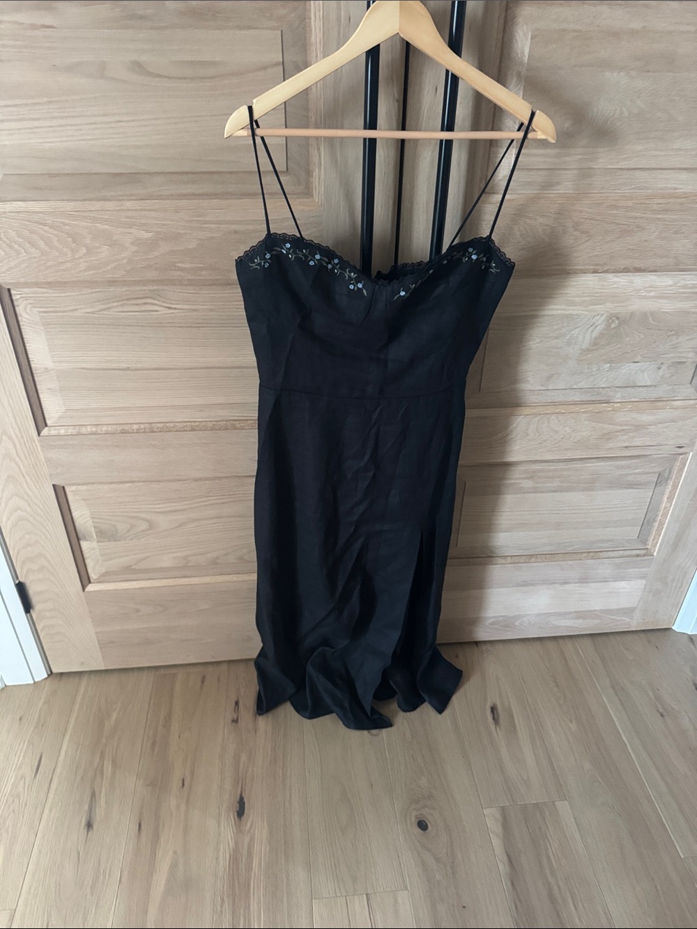 Reformation Black Spaghetti Strap linen Dress with Embroidered Neckline